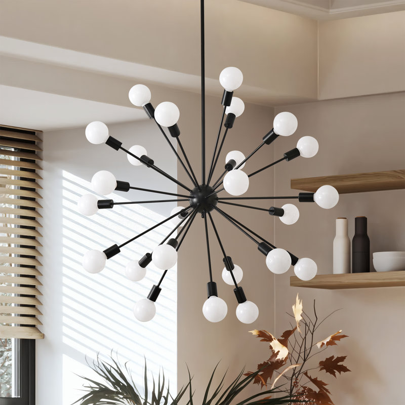 Lustre linéaire moderne 24 lumières à intensité variable Spoutnik noir, H 40,76 po x l 40,76 po x P 40,76 po, 24 lumières