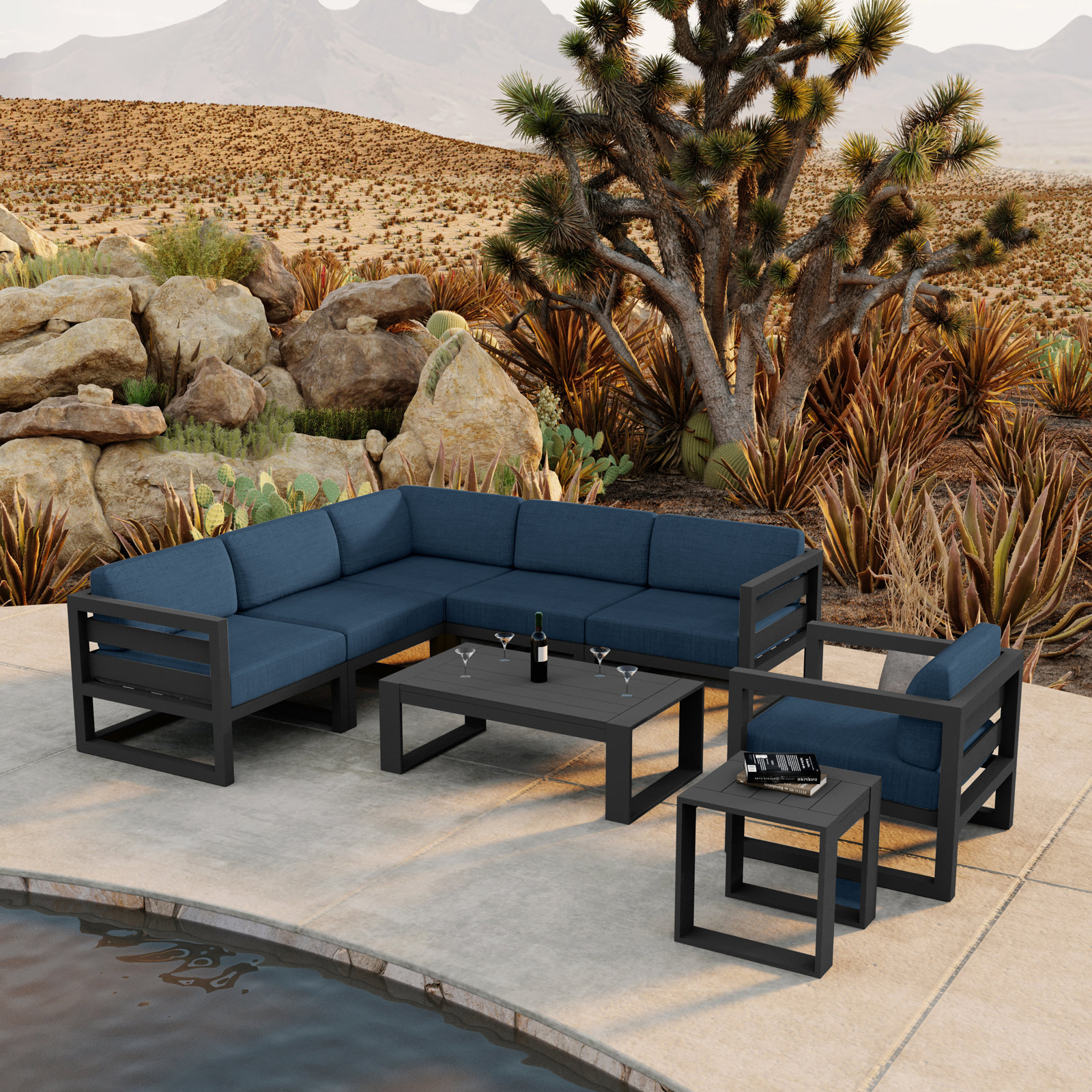 Smith 4 Piece Sectional Seating Group with Sunbrella® Cushions, Spectrum Indigo, Slate