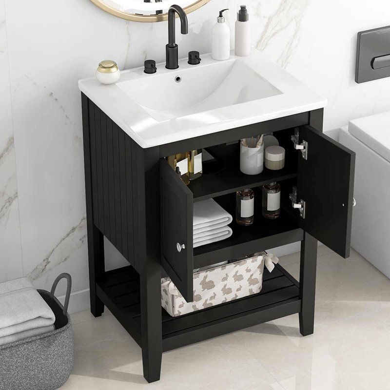 Meuble-lavabo moderne élégant de 24 po avec meuble-lavabo en céramique élégant et tablette ouverte, Noir