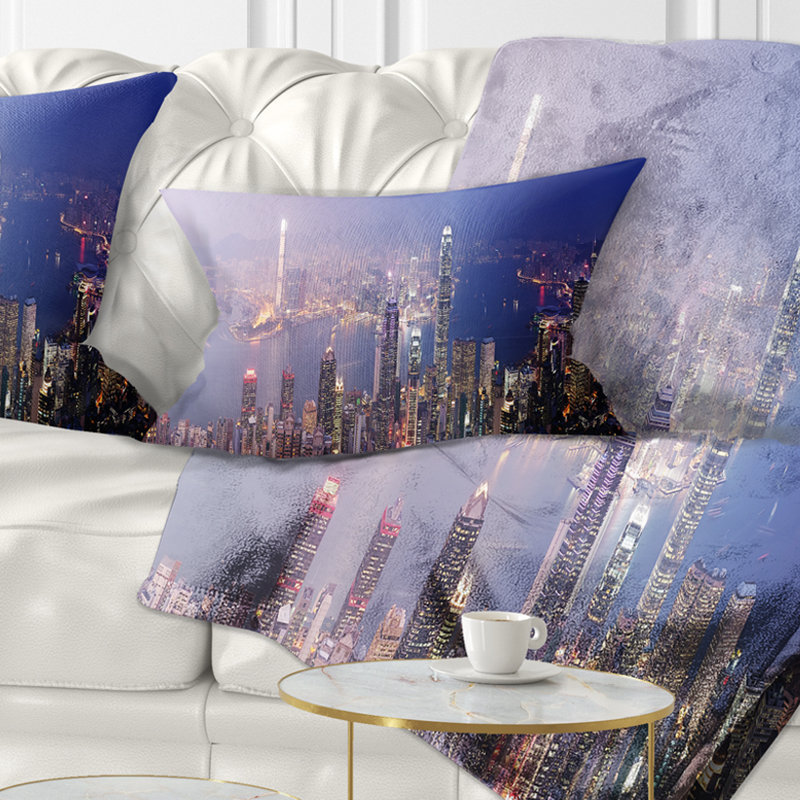 Coussin décoratif hongkongais du jour à la nuit - imprimé paysage urbain, 12 po x 20 po, Rectangulaire