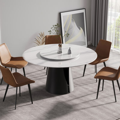 Table de salle à manger moderne 59,05 "en pierre artificielle ronde en acier au carbone noir - peut accueillir 6 personnes