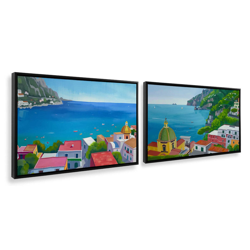 Ensemble de 2 impressions Amalfi Blue Horizon, Cadre flottant noir satiné, 32 po x 48 po