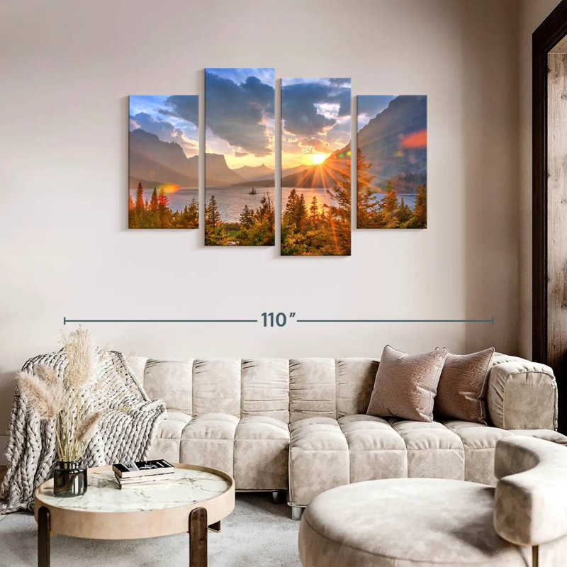 Lakeside Mountains, Montana, lac Saint Mary - 4 pièces sur toile tendue, H 48 po x l 75 po x P 1,25 po