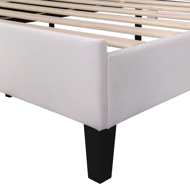 Lit plateforme tapissier avec tête de lit en velours floral Tayveion, Double, Beige, Bois massif et bois manufacturé
