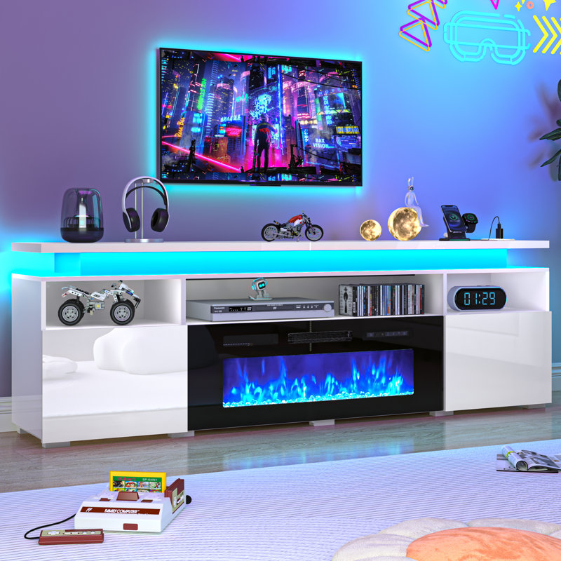82.6" Fireplace Tv Stand For Tvs Up To 95 In, High Gloss Media Console With 40" Electric Fireplace, LED Lights and Charging Station, Fireplace Entertainment Center For Living Room, White
