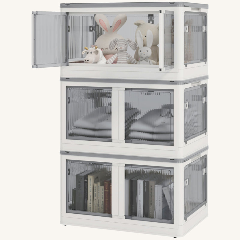 32 Gal Stackable Storage Bins With Lids, 3 Packs Collapsible Closet Organizers And Storage, Plastic Drawer Storage Container On Wheels With 5-Sided Access, Doors For Blankets