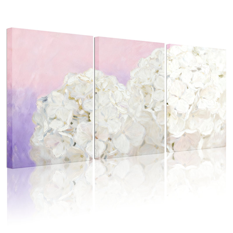 Hortensia fleurs blanches sur fond rose tendre et mauve, ensemble de 3 impressions sur toile, H 36 po x l 72 po