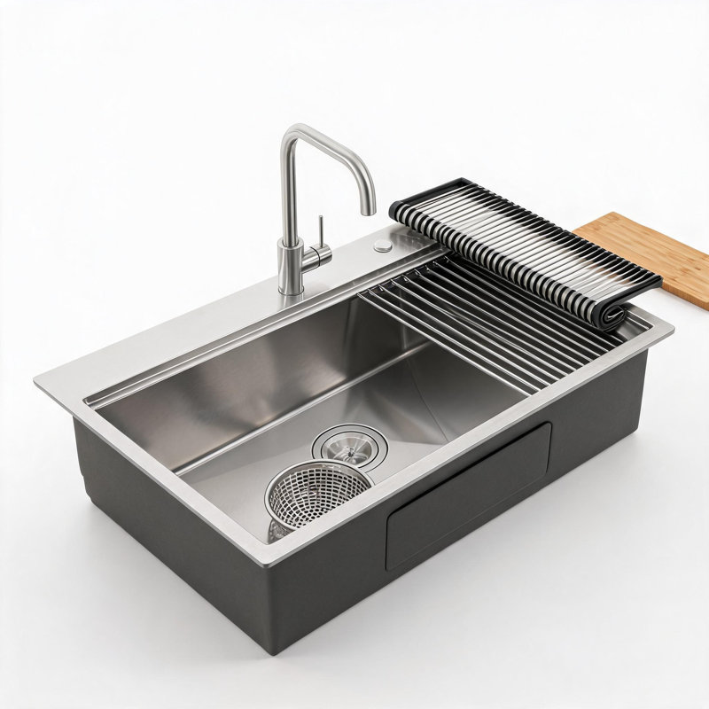 Évier de cuisine à cuve encastrée en acier inoxydable gris foncé, 84 cm x 56 cm, avec planche à découper et passoire.