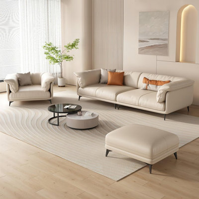 Creamy-white Genuine Leather 3 - Piece Living Room Set