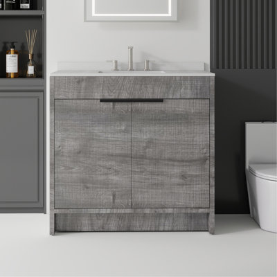 Meuble-lavabo autoportant de 24 po avec lavabo, porte à fermeture douce, comptoir et dosseret en granite blanc cultivé de 0,6 po, contreplaqué, gris