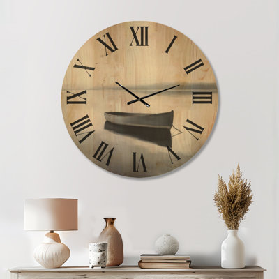Horloge murale ronde « Bateau solitaire sur eau calme », imprimée sur bois, style côtier