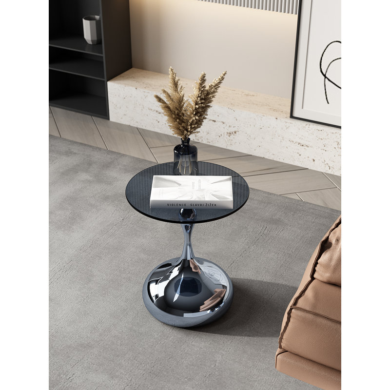 10mm Gray Tempered Glass Side Table with Marble-Finish Base & Nano-Coated Pole - Weighted Accent Table for Living Room, Bedroom, Balcony