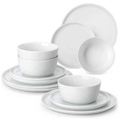 12-Piece White Ceramic Tableware Set – Modern & Space-Saving Sleek Curved-Edge Design- Serves 4 ,Perfect For Home, Gifting &Entertaining
