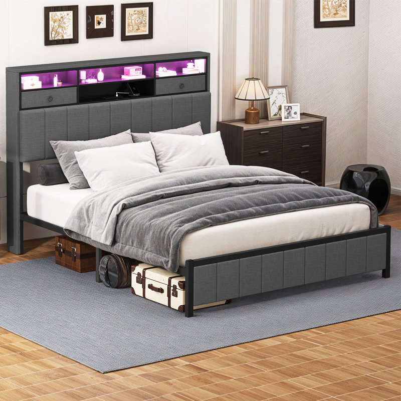 Linen Upholstered Bookcase Bed, Queen