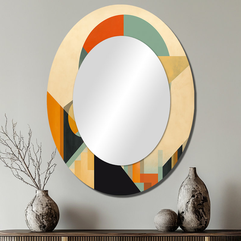 Full Moon Symphony Midcentury Abstract II - Blue Mid-Century Oval Wall Mirror, 40" x 30"