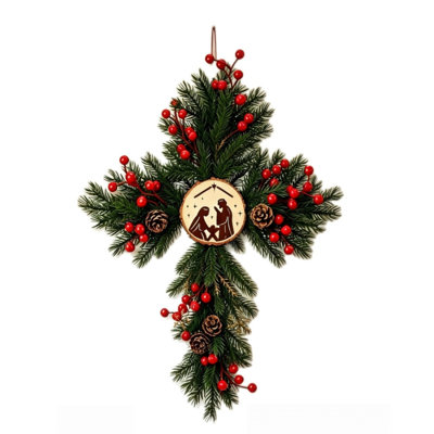 Couronne de Noël décorative, croix, aiguilles de pin, baies rouges, décoration en bois à suspendre, pommes de pin, aiguilles de pin, baies rouges, décoration de foyer pour porte d'entrée