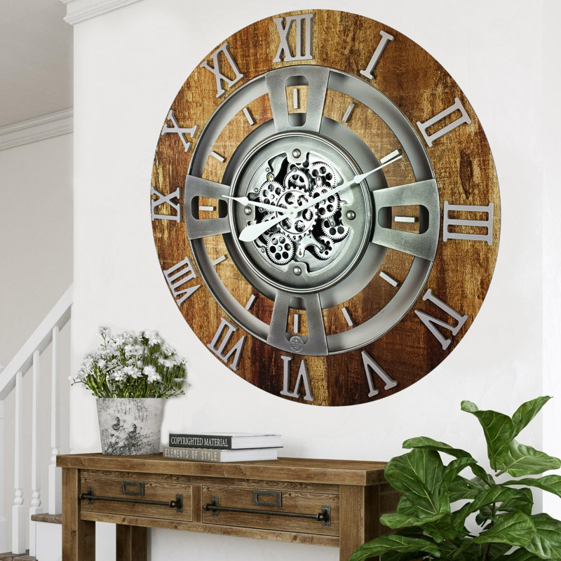 Oversized Vintage Brown Fir Wood Wall Clock with Real Moving Gears