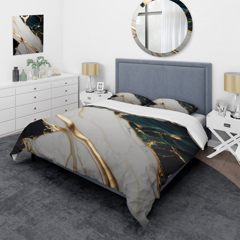 Ensemble de housse de couette en microfibre / polyester Abstract Geode Gold and Green Marble II
