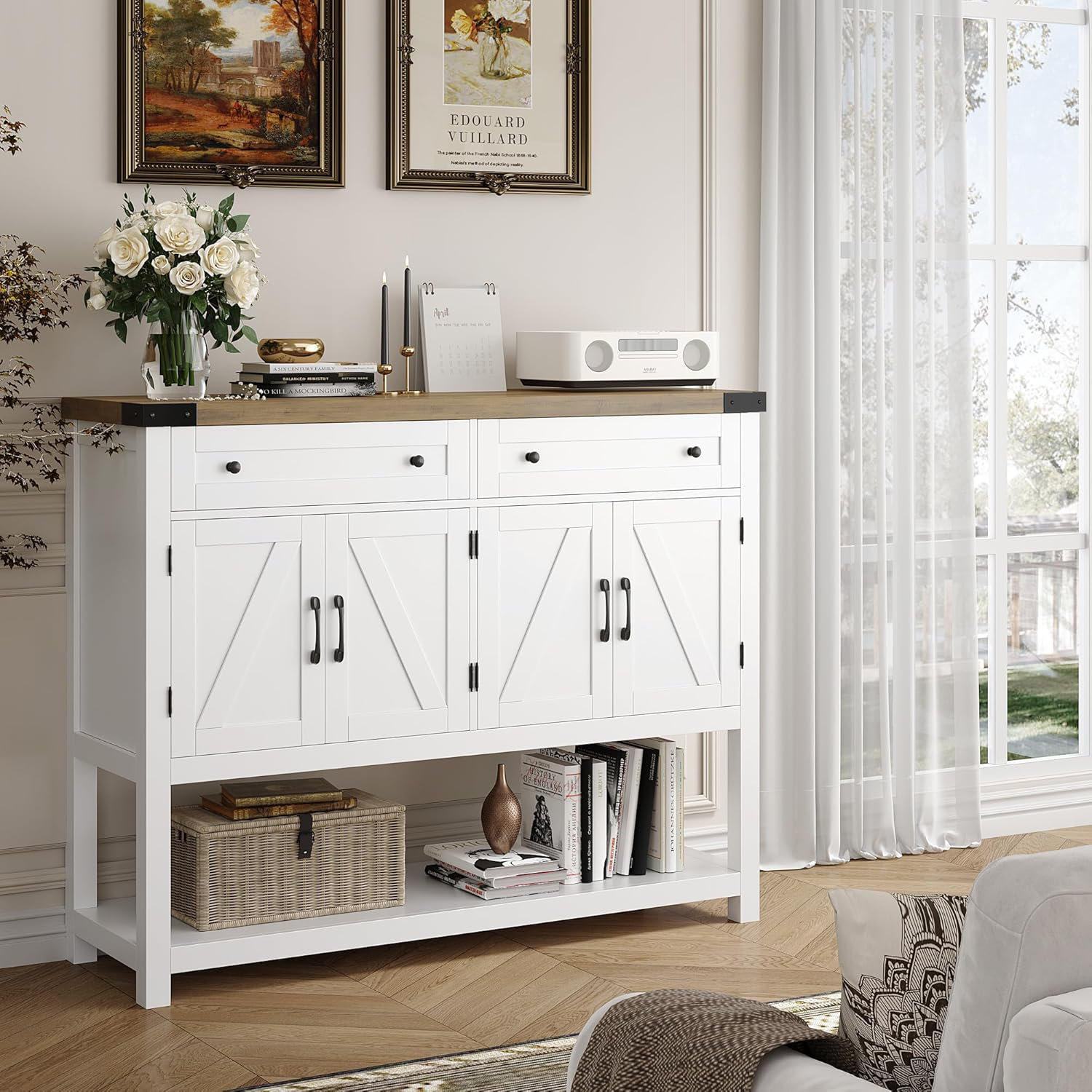 Buffet Haut Meuble De Rangement Avec 2 Portes Et Étagères Réglables, Console D'entrée Déco Pour Salon, Chambre -Blanc - Maison
