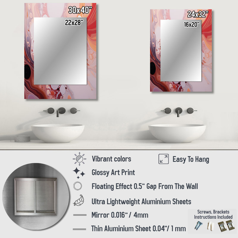 Pink abstract liquid ink galaxies III - Liquid Ink Mirror, Modern Decorative Wall Mirror, Printed Metal Art, 40" x 30"