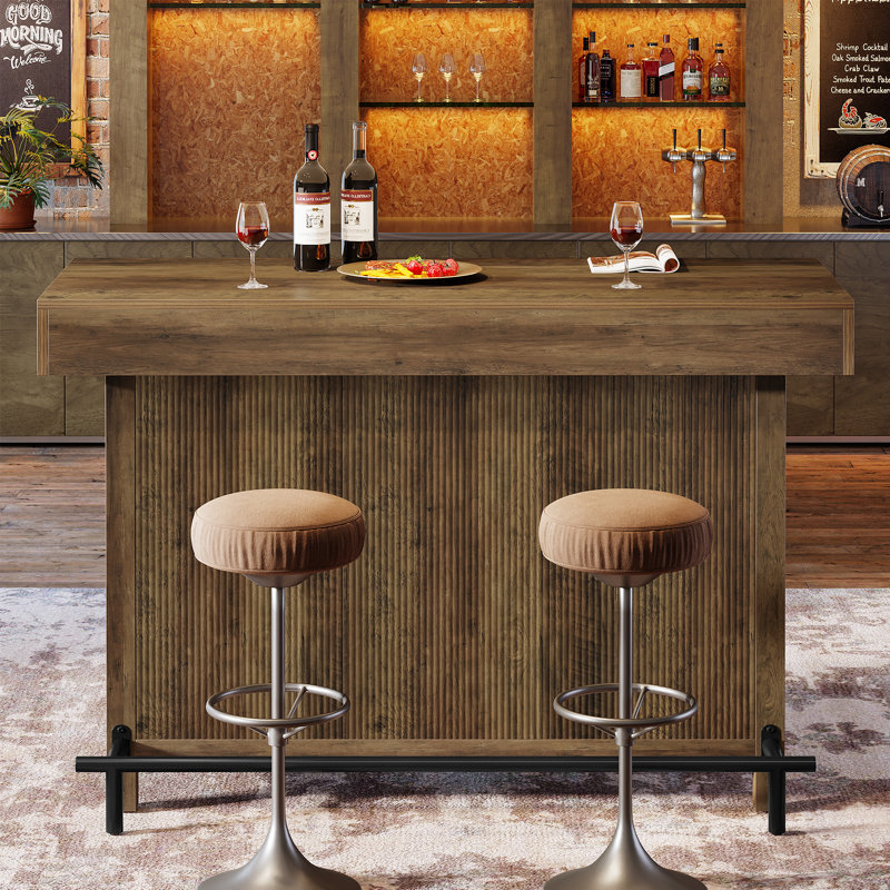 Table de bar 57,48 pouces, table de pub à hauteur de comptoir industrielle avec rangement à 2 niveaux, unité de bar rectangulaire avec repose-pieds en métal pour la cuisine, la salle à manger, le bistro et le brun rustique