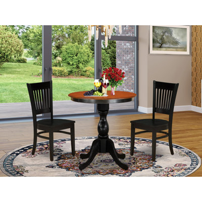 3 Piece Dining Table Set for Small Spaces Contains a Round Dining Room Table with Pedestal and 2 Wood Seat Chairs, 30x30 Inch, Black & Cherry