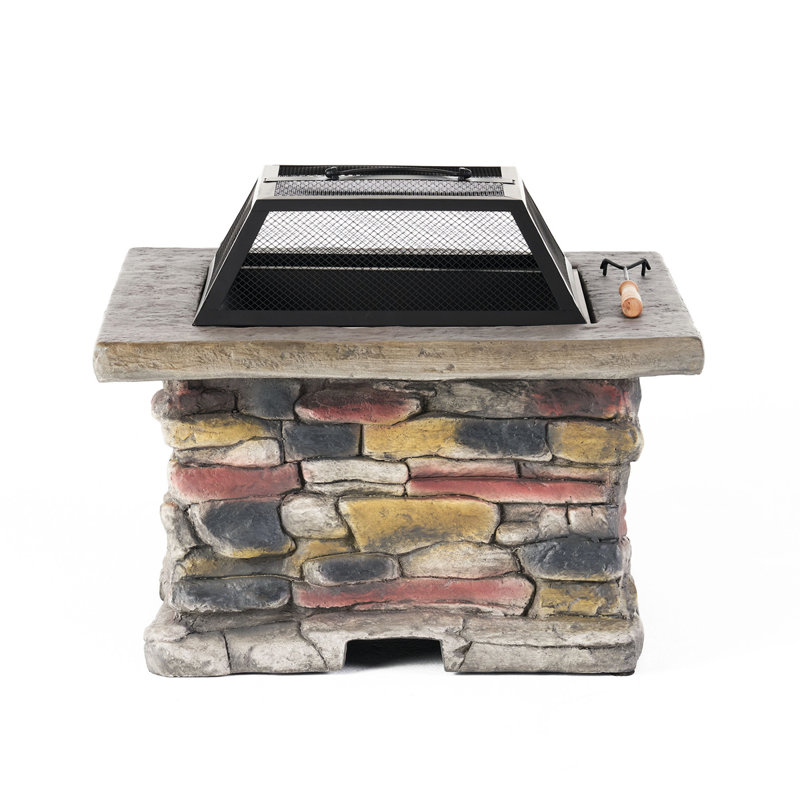 28" Concrete Wood Burning Outdoor Fire Pit Table With Lid, Gray/Natural