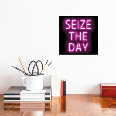 Neon Seize The Day Pink On Black by Hailey Carr - Wrapped Canvas Print
