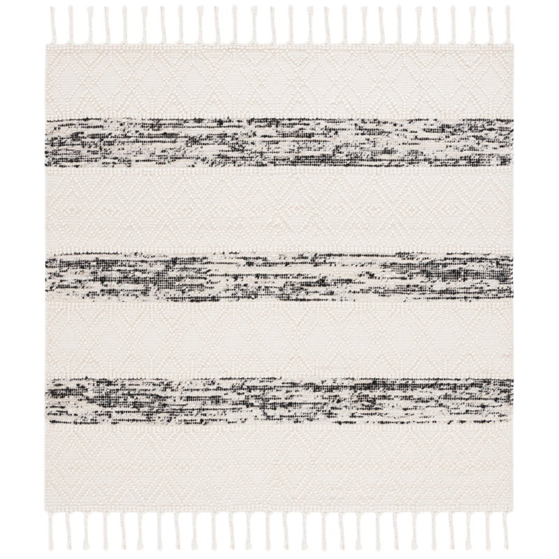 Archie-John Hand Woven Wool/Cotton Striped Rug in Black/Ivory, Square 6'