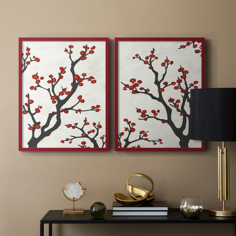 «Red Berry Branch I», reproduction encadrée de qualité supérieure - prête à être accrochée - aucun clou requis - aucun clou requis