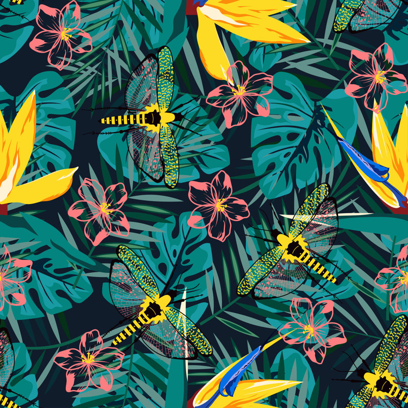 Tropical Pattern With Dragonfly by MaksimYremenko - Wrapped Canvas Print, 122cm H x 122cm W x 3.8cm D