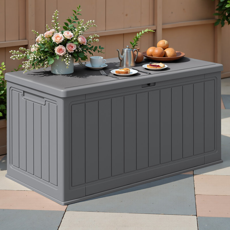 150 Gallon Resin Lockable Deck Box With Dividers, Outdoor Waterproof Patio Furniture, Gray