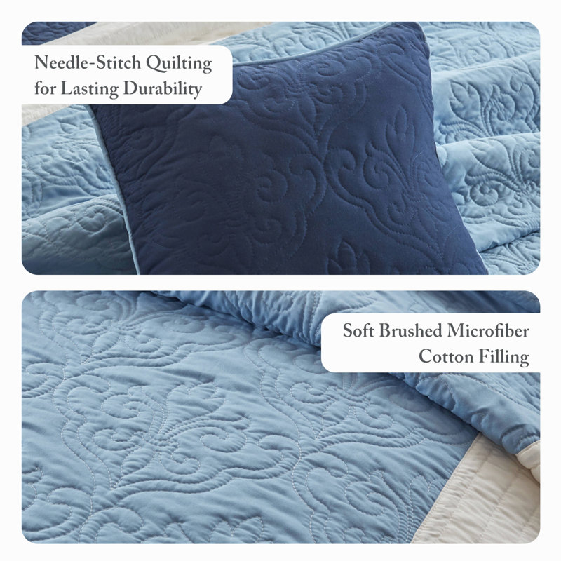 7 Piece Reversible Quilted Quilt Set Navy Full/Queen/Euro
