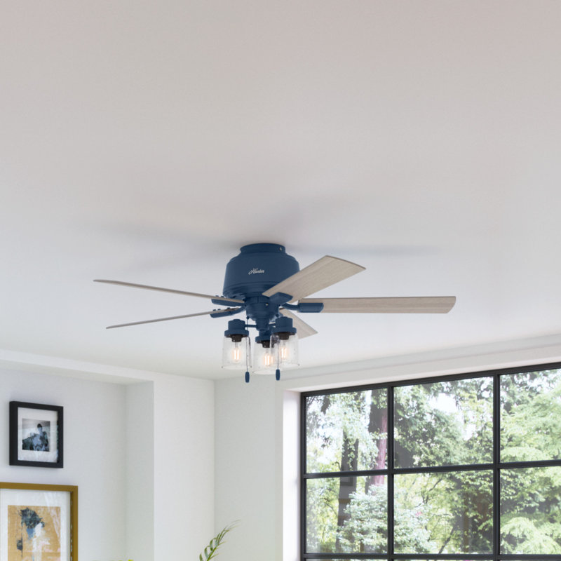 Hartland 52" Indigo Blue Low Profile Ceiling Fan with Chandelier Lighting