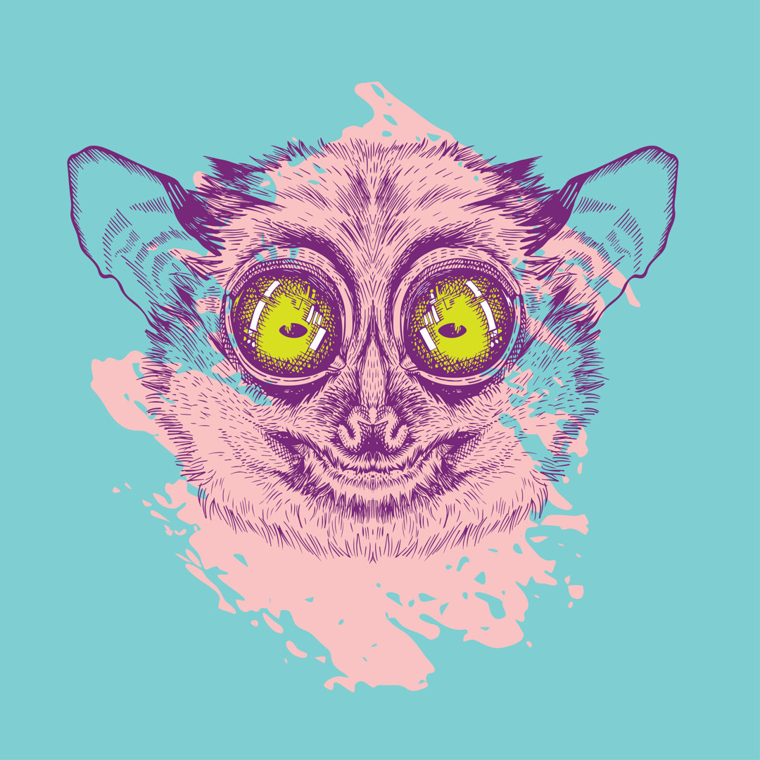 Vektorbild von Lemur Lory. In Rosa auf türkisem Hintergrund gemalt. Surrealismus. T-Shirt Design. von Natala Krechetova ...