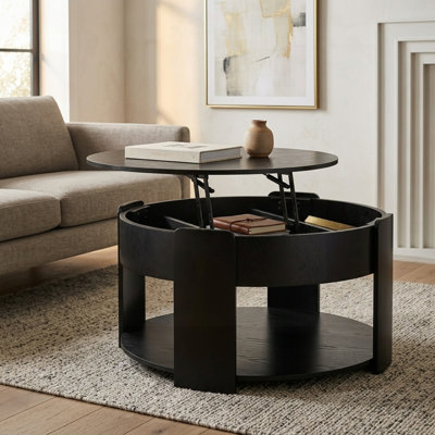 Table basse ronde à plateau relevable avec rangement dissimulé et tablette