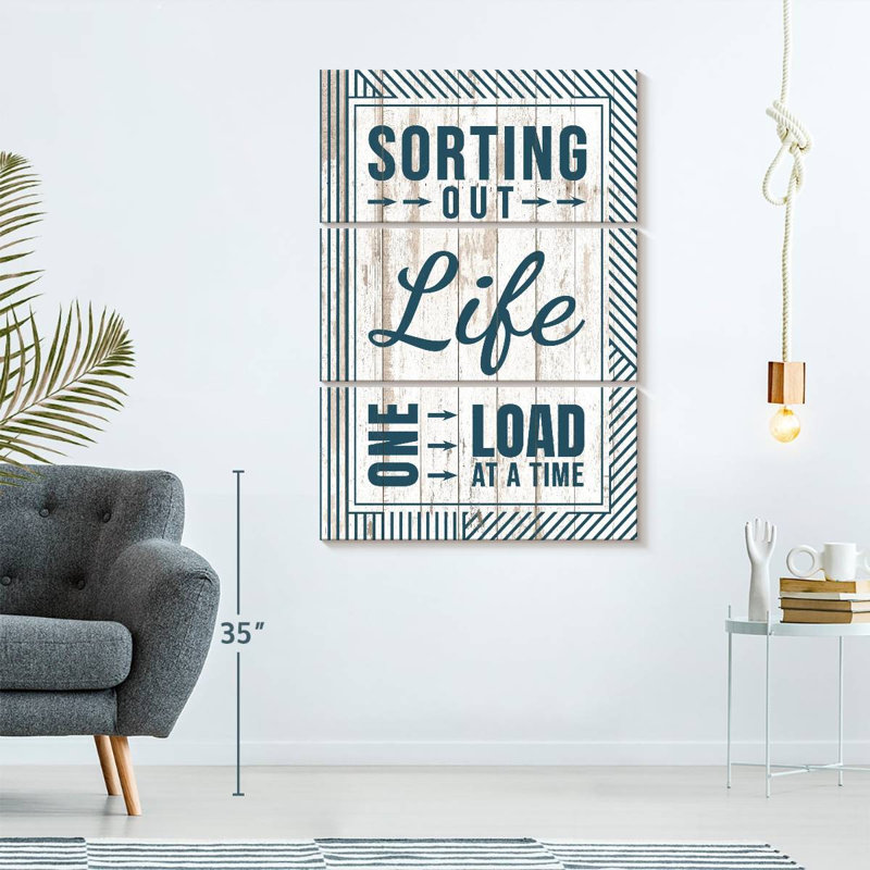 Impression inspirante et typographique sur la vie comme une lessive sur toile, 3 pièces, H 42 po x l 65 po x P 1,25 po