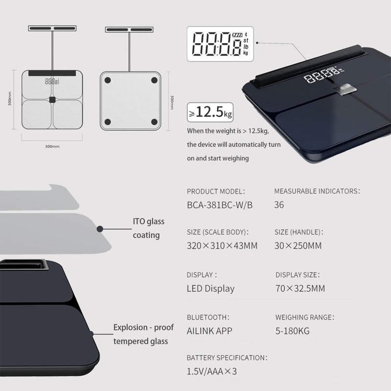 Pèse-personne de salle de bain intelligent à 8 électrodes avec capteur de poche umiucrye, grand écran DEL, Bluetooth App Sync, 36 mesures corporelles, IMC, suivi de la graisse corporelle et des muscles, capacité de 400 lb, noir