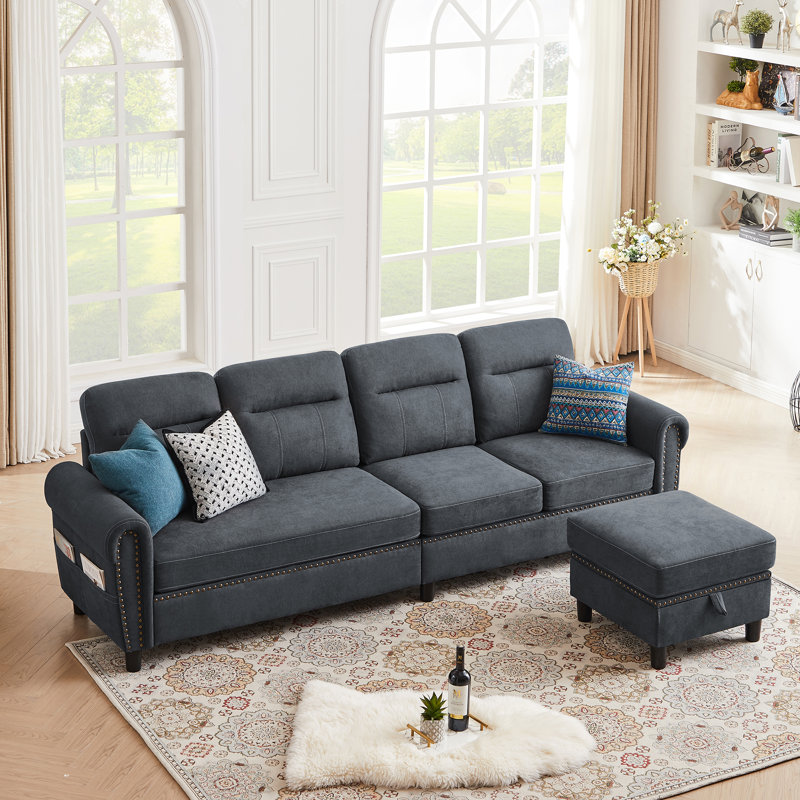 Canapé modulaire réversible en L de 106,69 po à 4 places avec sacs de rangement latéraux Gallott, 100 % coton gris foncé
