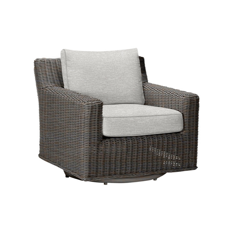 Rustic Swivel Patio Chair with Cushions, Tweed Toffee, Black Walnut, Welt