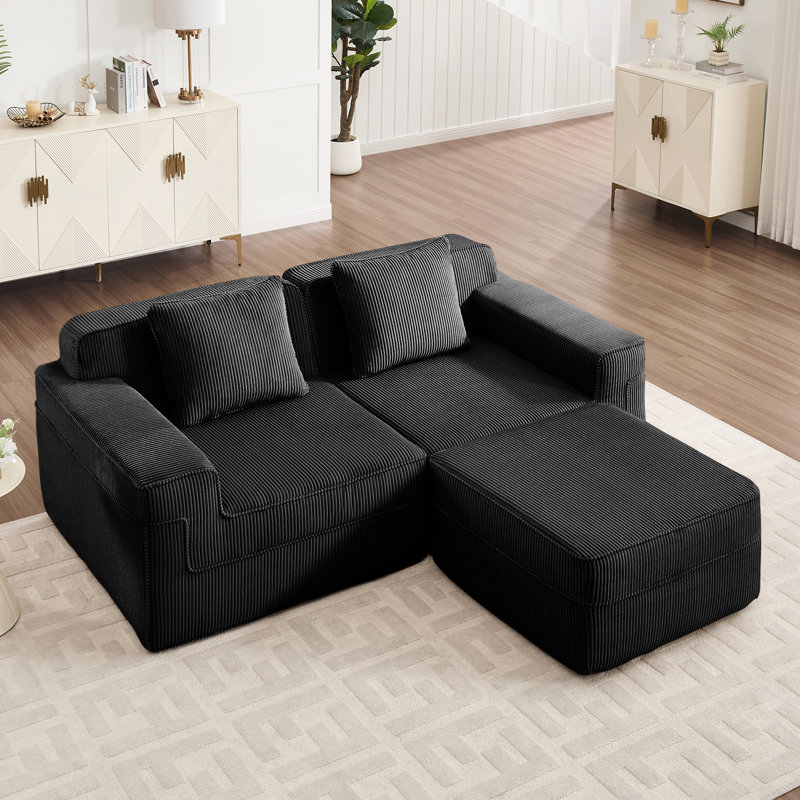 Canapé modulaire 2 places avec repose-pieds Modern, 33.85" H x 81.1" W x 41.3" D, Black