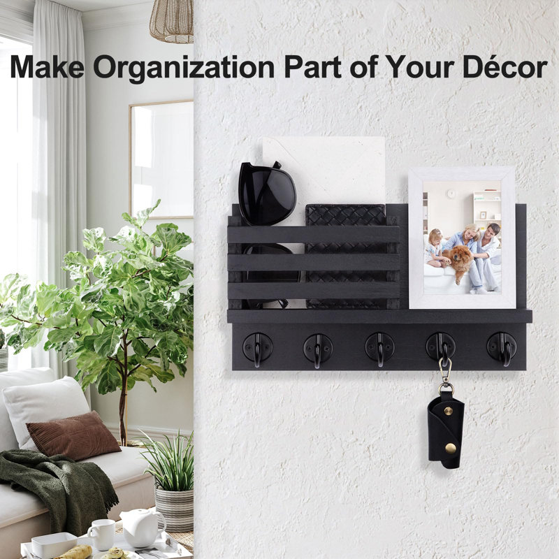 Decorative Wooden Mail Holder and Key Shelf with Mounting Hardware, Black