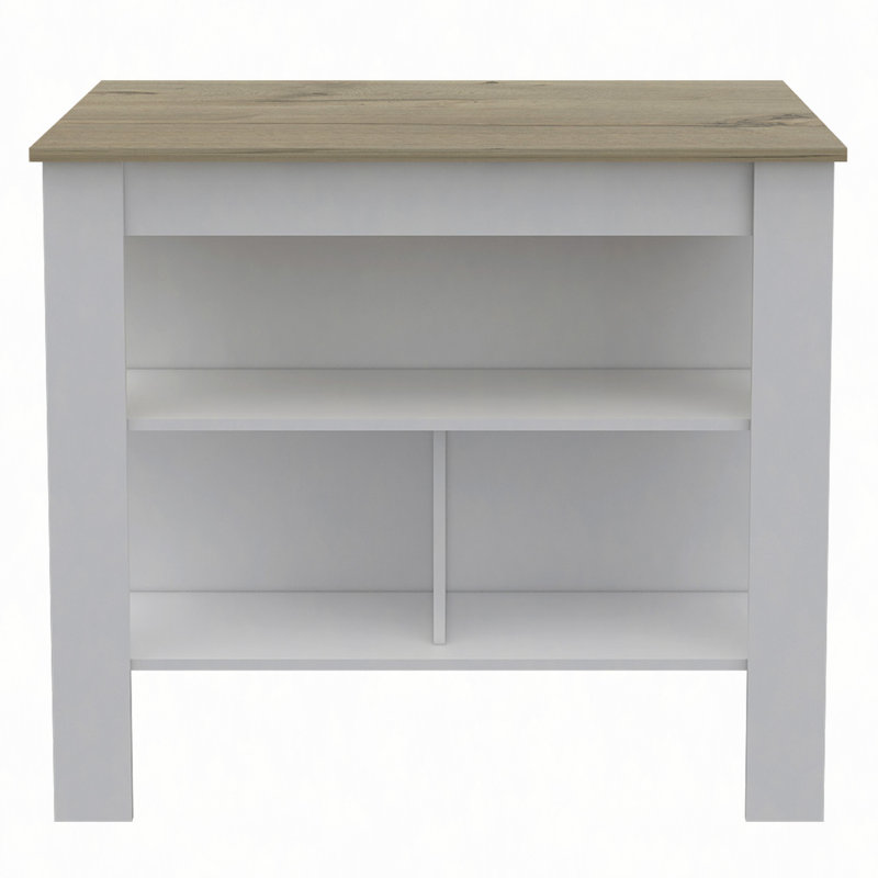 Kitchen Island, Four Legs, Three Shelves, White/Natural