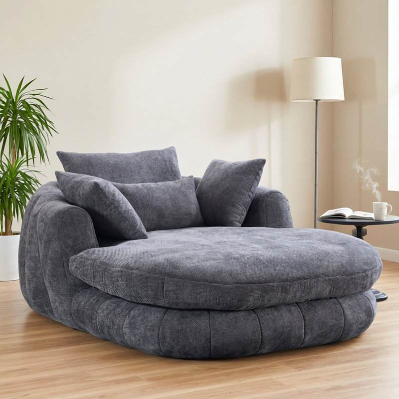 Causeuse ronde surdimensionnée, causeuse 57 x 73 po, tissu chenille gris, fauteuil de détente pour le salon