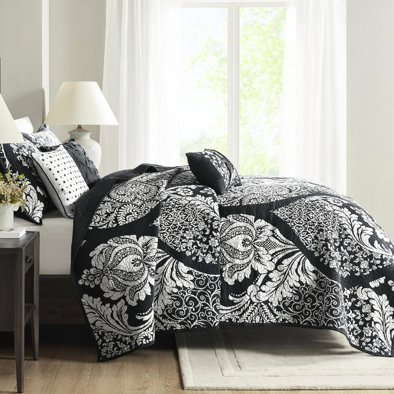 Courtepointe avec dossier de couleur unie et coussins brodés - Chambre double / grand noir
