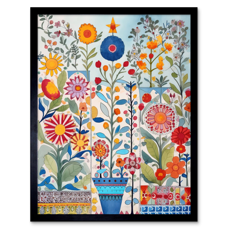 Garden Flowers Folk Art Watercolour Painting Artwork Framed Wall Art Print 9X7 Inch