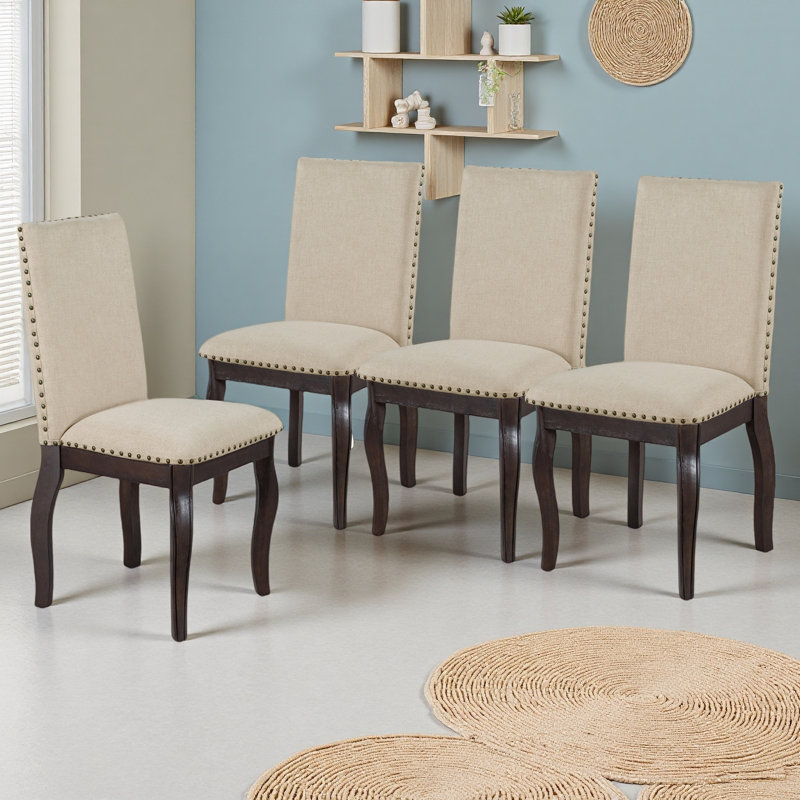 Set Of 4 Dining Chairs Wood Upholstered Fabirc Dining Room Chairs With Nailhead, Espresso