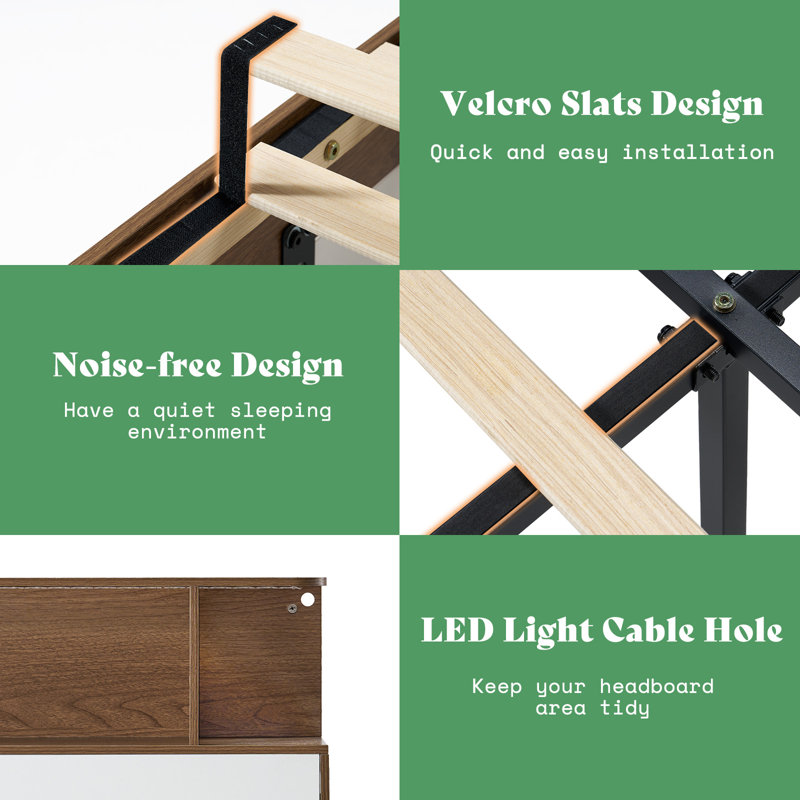 Bed Frame With Led Bookcase Headboard, Brown