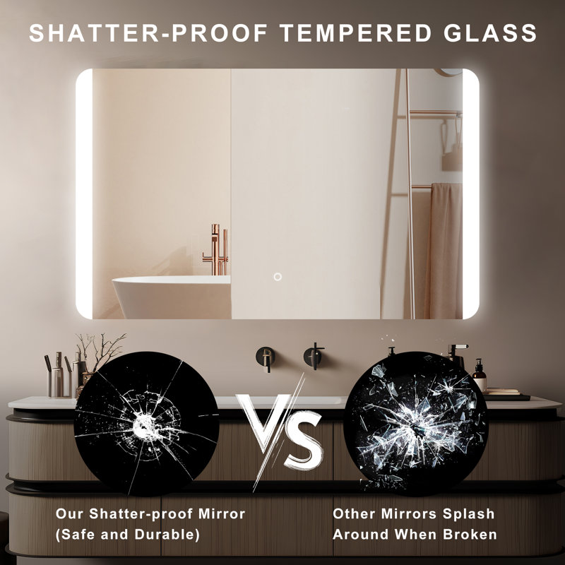 Frameless Bathroom Vanity Mirror Backlit LED Lighted, 3 Colors Temperature Dimmable Light, Tempered Glass  Wall Mirror With UL Rohs ETL & 3-Year Warranty