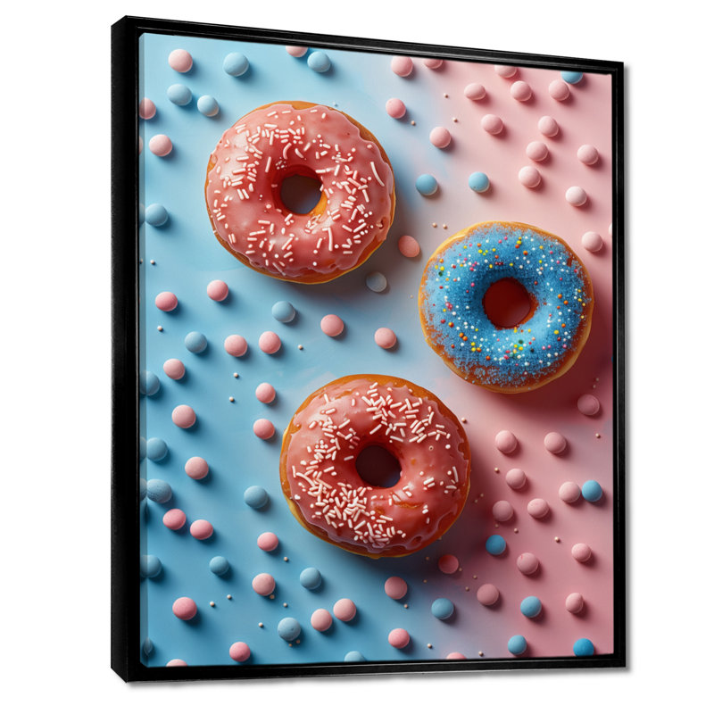 Délicieuse rose et bleue Sparkle Donuts III, H 20 po x l 12 po x P 1 po, Toile avec cadre flottant noir